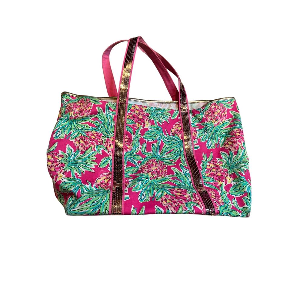 Lilly Pulitzer Tote Bag Pink Green Floral Sequin Straps Large